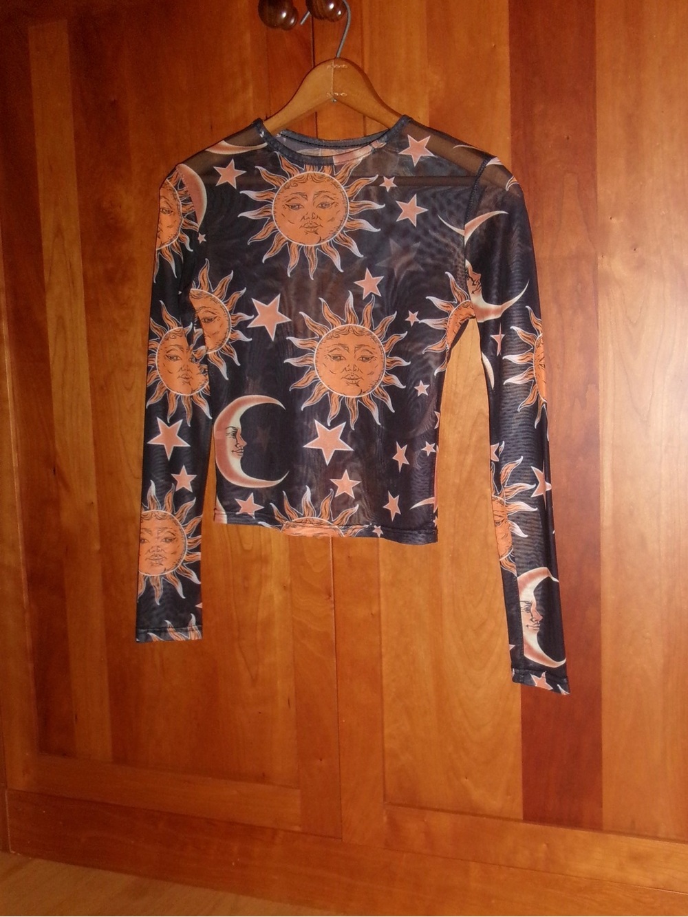 Sheer Sun & Moon Long Sleeve Mesh Top - Black/Orange